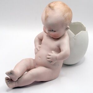 Antique German Bisque Gebrüder Heubach Self-Satisfied Action Baby & Egg #9698/4